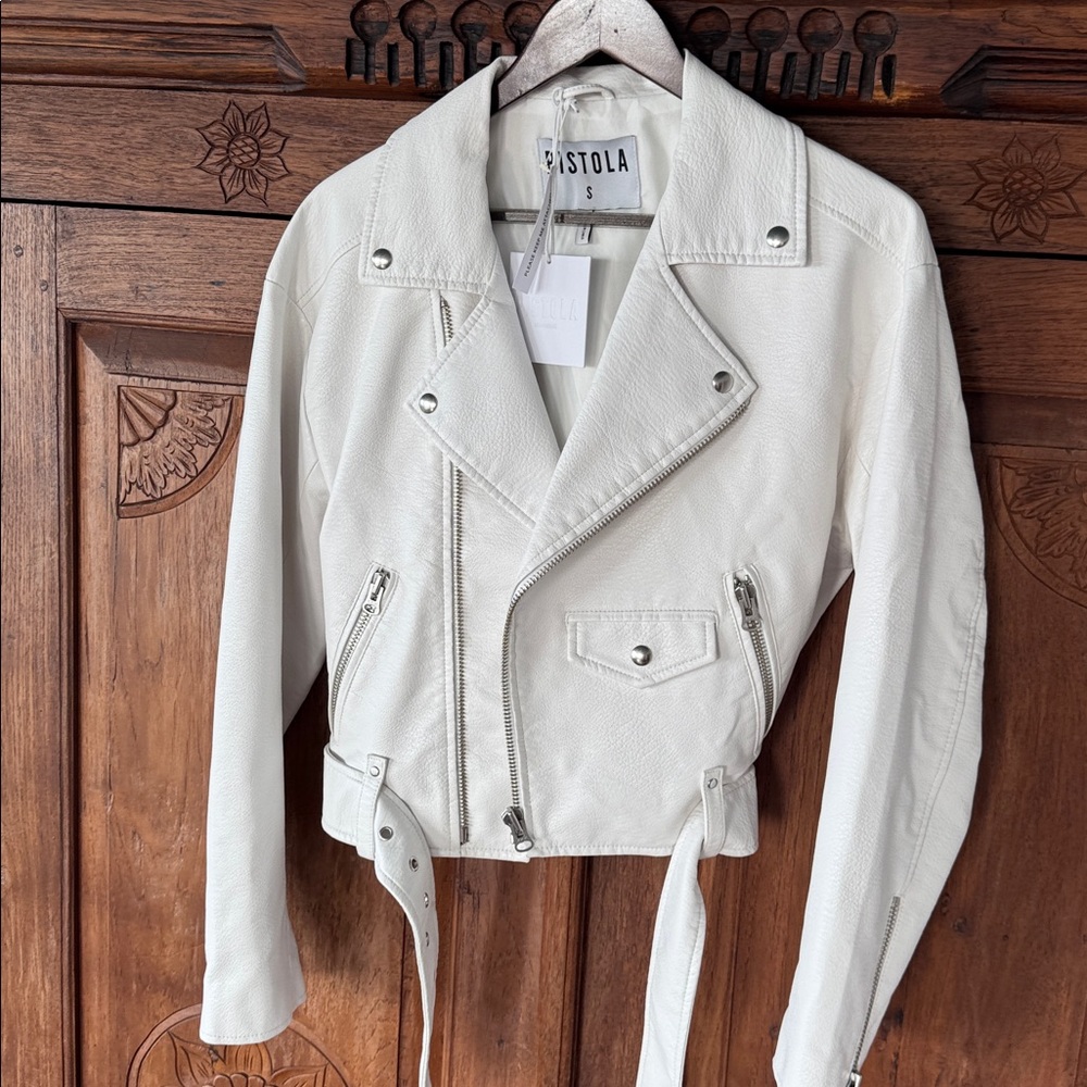Pistola White Faux Leather Biker Jacket